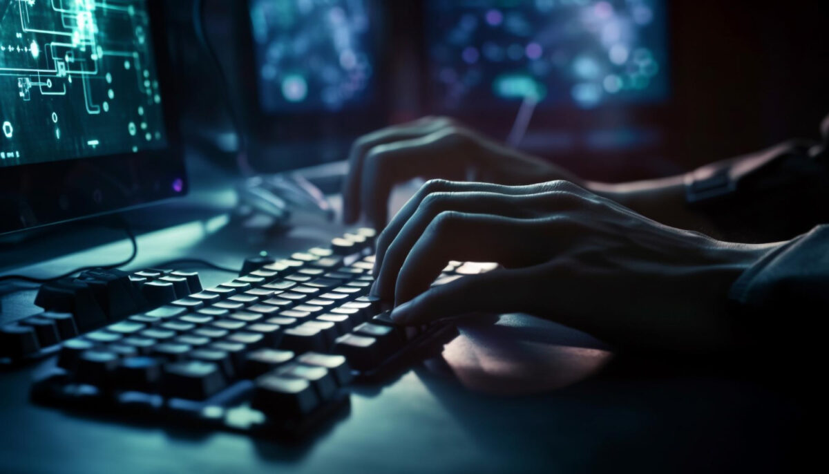 Nahaufnahme von Händen an einer Computertastatur
